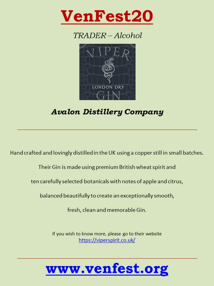 🦌 VenFest 🦌 (@venfest20) on Twitter photo New for this year, we have <a href="/ViperGin/">ViperSpirit</a>
Please come and welcome them to #VenFest20
I personally cannot wait to sample their Gin. New for this year, we have <a href="/ViperGin/">ViperSpirit</a>
Please come and welcome them to #VenFest20
I personally cannot wait to sample their Gin.