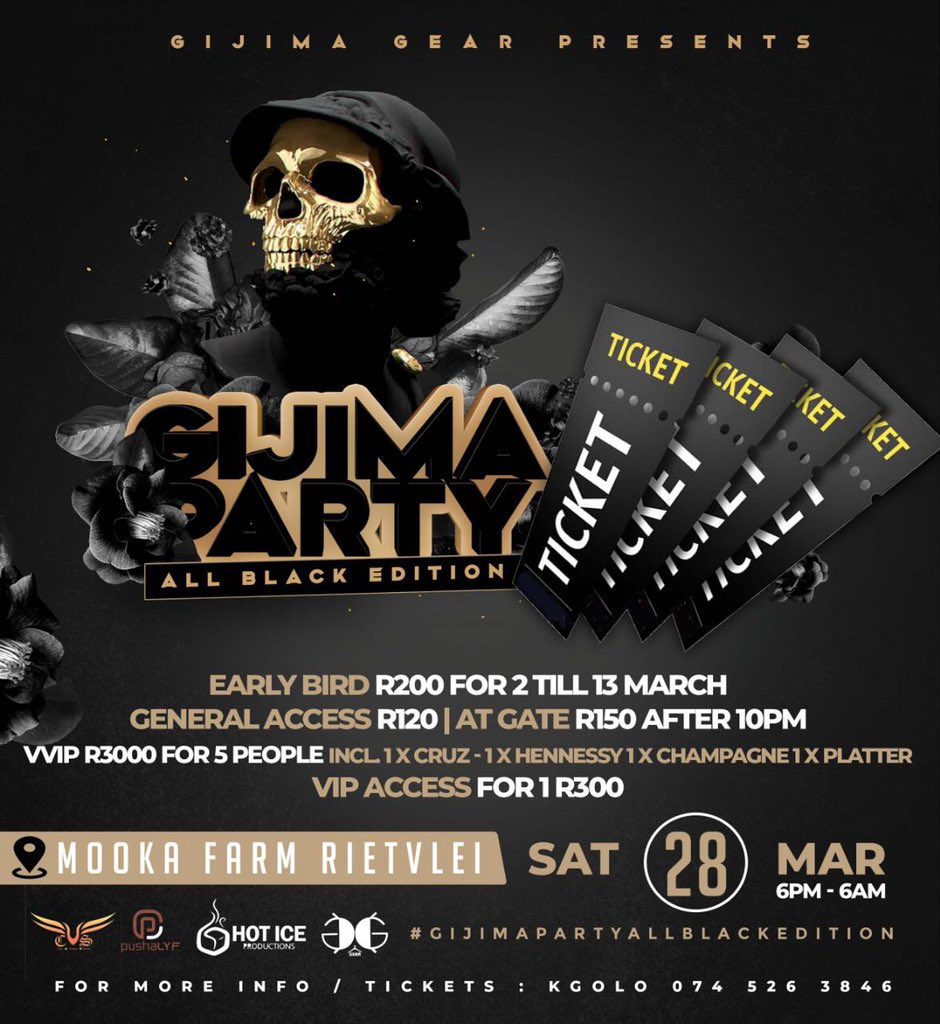 gijima_gear's tweet photo. Gijima Party All Black Edition 
Eat Bird Tickets Are Available

#GijimaParty
#AllBlackEdition
#GijimaMovement
#MookaFarm https://t.co/8ZNHcDnoBh