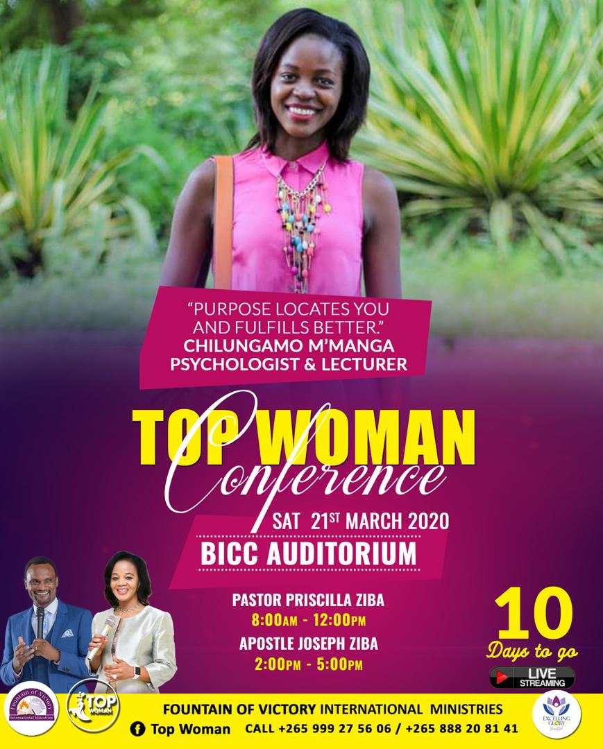 fovupdate's tweet photo. There is a way a woman can rise by the power and wisdom of God.
Join #ApostleJosephZiba and #PastorPriscillaZiba at 2020 TOP WOMAN CONFERENCE in Lilongwe.
More details on the poster!
#IamVictorious #FountainofVictory #ExcellingGlory #LifeUnmatched #ShiningAllTheWay https://t.co/9XWZbKhRAd