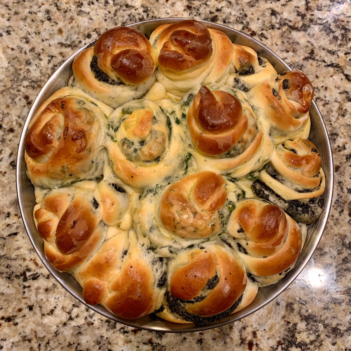 perhapskatie's tweet photo. day 1 of WFH – baked black sesame bread with mom! (and scallion in the middle when we realized I didn’t make enough black sesame paste) https://t.co/ZyuAjNbcZ2