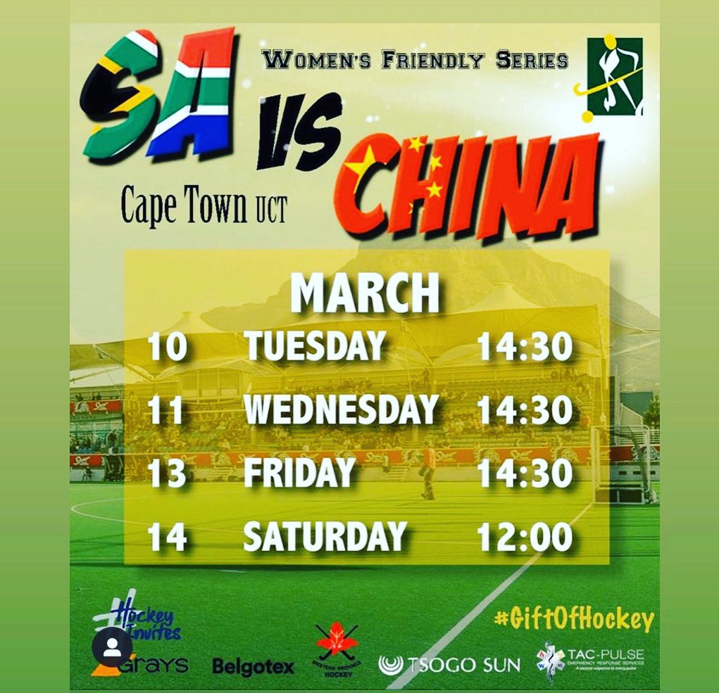 SA vs China today at UCT Astro. Come and support. #hockey #ROADTOTOKYO2020 #sahockey
