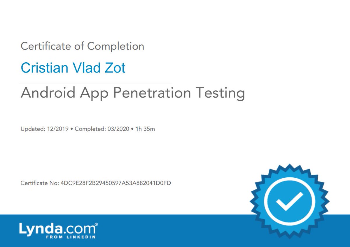 CristiVlad25's tweet image. Really good course on mobile application penetration testing  (android). Short, concise and straight to the point. Moderate level of technical detail. Via @lynda 

lynda.com/ViewCertificat…

#pentesting #androidpentesting #mobilepentesting #penetrationtesting
