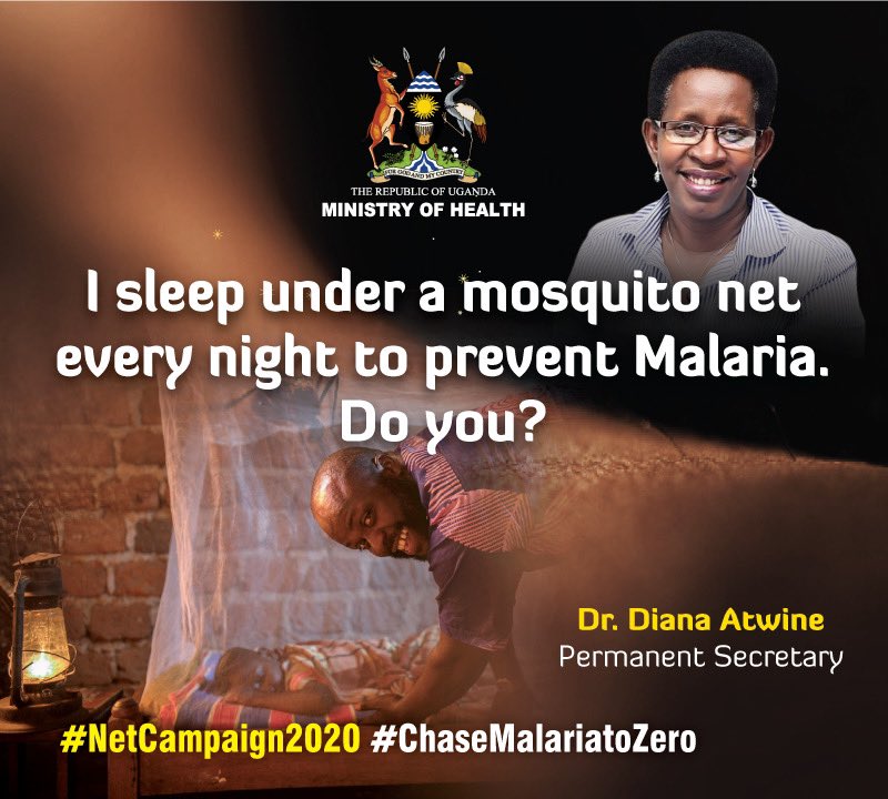 MinofHealthUG's tweet photo. “I sleep under a mosquito net every night to prevent #Malaria. Do you?” ~ @DianaAtwine 
@GovUganda will distribute 27 million free mosquito nets countrywide starting April 2020. #NetCampaign2020 https://t.co/iFWJBMVoYG