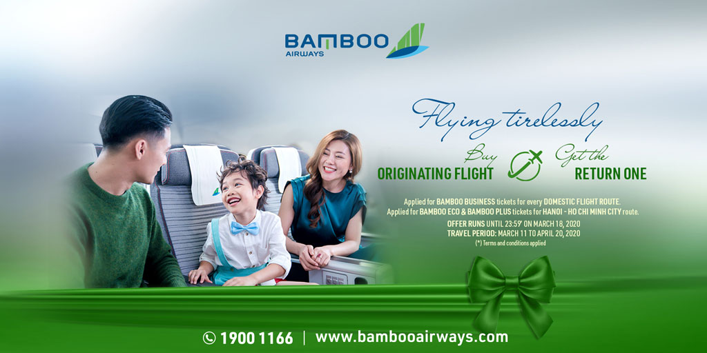 bamboo_airways's tweet photo. FLY TIRELESSLY WITH BAMBOO AIRWAYS: BUY ORIGINATINGFLIGHT, GET THE RETURNONE!
#Businessclasstickets have never been this easy to purchase when you can buy the originating ticket and get the return one on all domestic flights and #Economyclasses for Hanoi - Ho Chi Minh route. https://t.co/nTc4dwzami