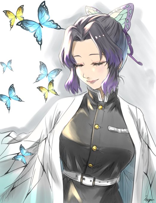 MiさんがTwitterに投稿した胡蝶しのぶ(鬼滅の刃)のイラスト。