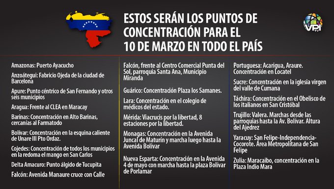 ReporteYa's tweet photo. #10Mar Estos son los puntos de concentración convocada para este 10 de marzo en todo el país por @jguaido https://t.co/Rin0suAMq3