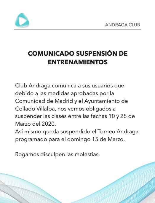 AndragaClub's tweet photo. 🔴SUSPENSIÓN TEMPORAL DE CLASES🔴 https://t.co/LHjETLZIlo