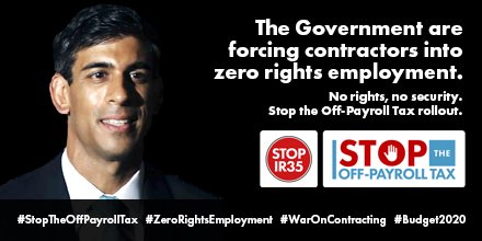 Why are you destroying #contracting & forcing workers into #ZeroRightsEmployment @rishisunak @borisjohnson @conservatives?

Your #IR35 #OffPayrollTax is a disaster for the UK’s #flexibleworkforce & the economy. Time to listen & #StopTheOffPayrollTax! #StopIR35 #Budget2020