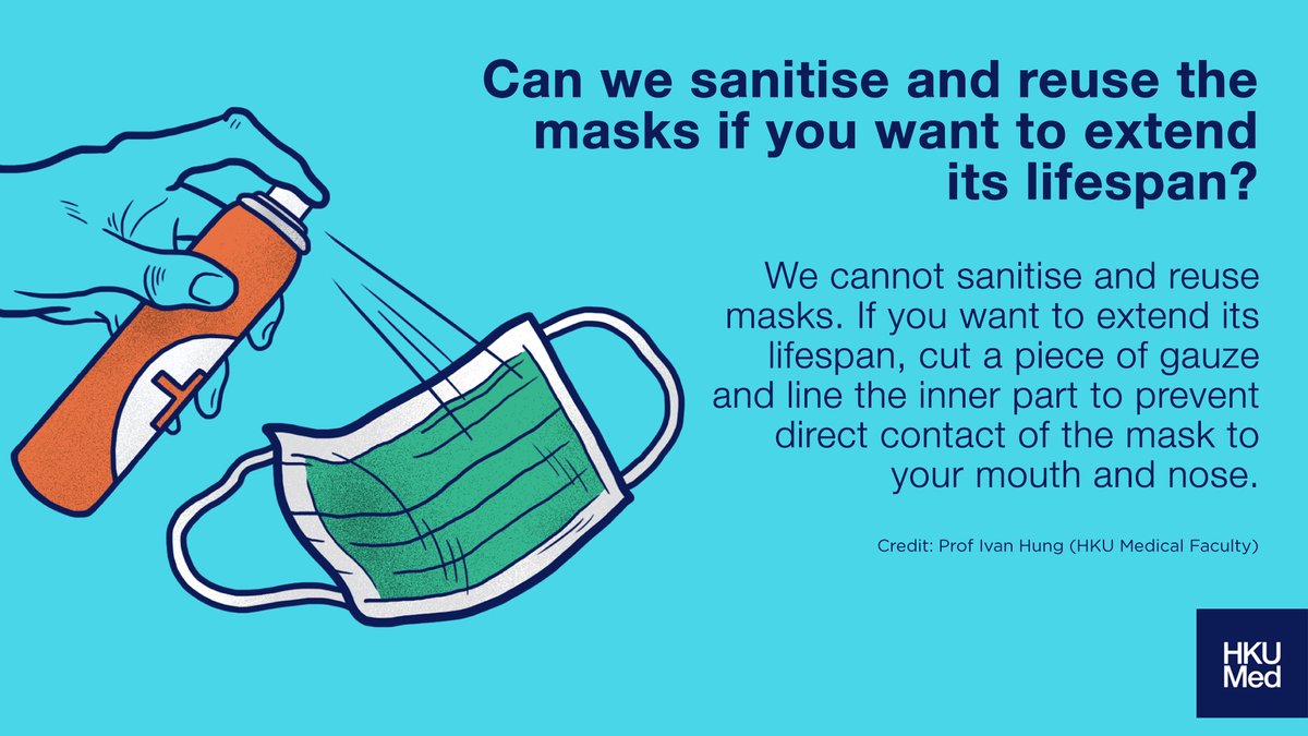 Q: Can we sanitise and reuse masks to expand its lifespan?A: We cannot sanitise and reuse masks. If you want to extend its lifespan, cut a piece of gauze and line the inner part to prevent direct contact of the mask to your mouth and nose. #knowthefacts  #COVID19