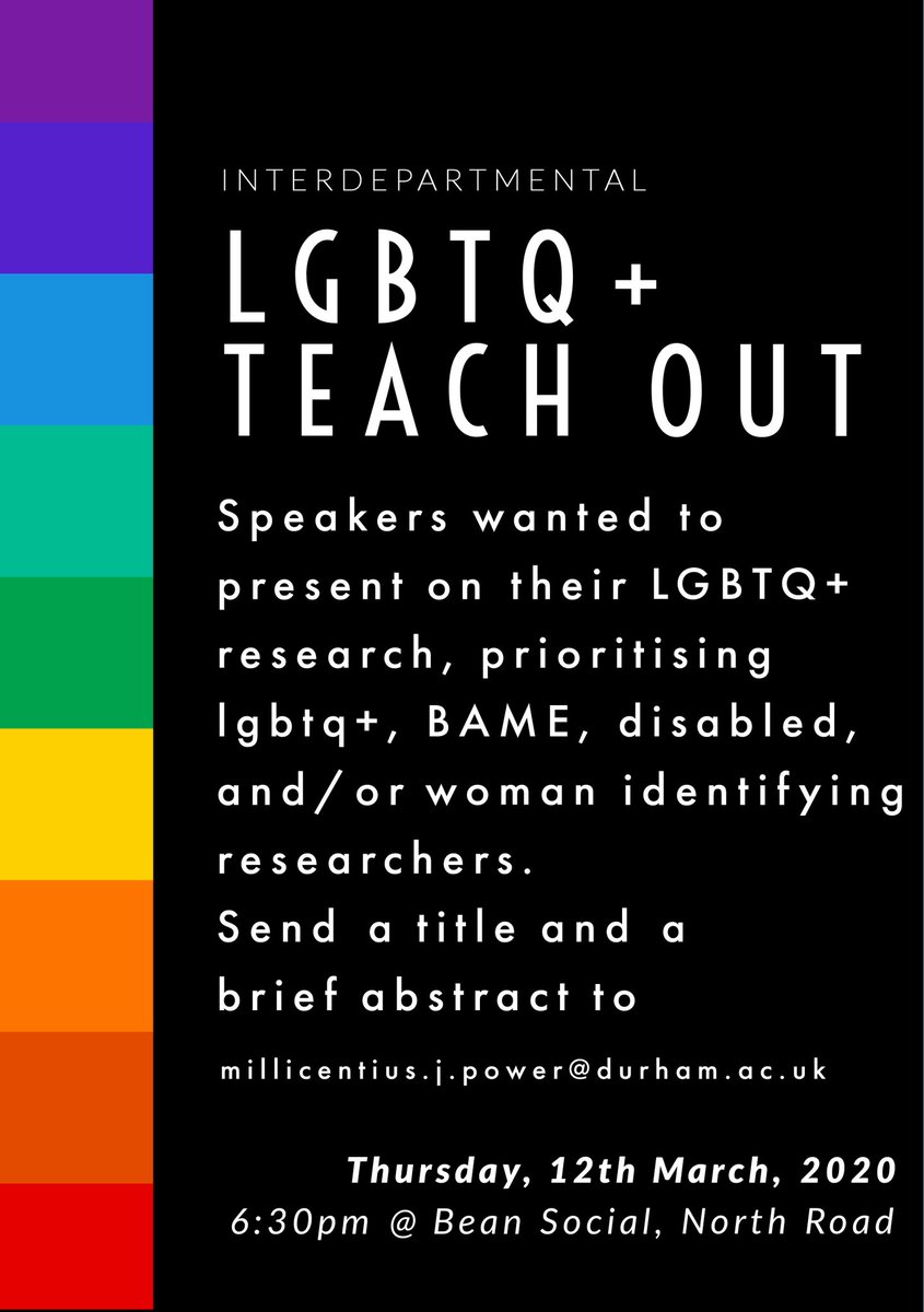 We have a venue! &amp; We're still looking for speakers.
6:30pm <a href="/beanSOCIAL_/">bean SOCIAL</a> on Thursday 12th
<a href="/ucuatdurham/">Durham UCU (@ducu.bsky.social)</a>
<a href="/DU_LGBTStaff/">Durham LGBT+ Network</a> <a href="/DurhamLGBTa/">Durham LGBT+ Association</a>