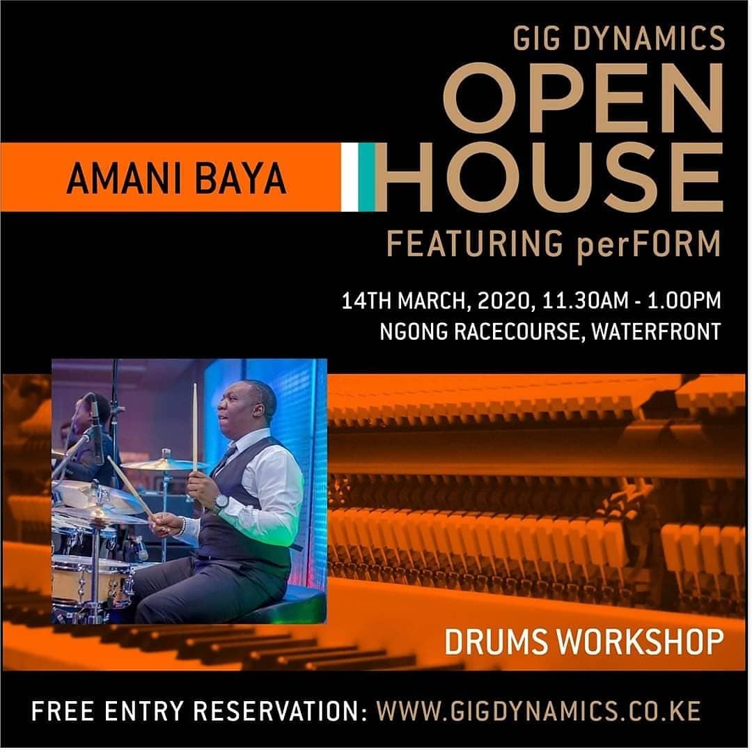 SATURDAY 14TH 11:30 AM to 1:00 PM WORKSHOPS.

Here are your choices

Guitar workshop with <a href="/IsaacMugunda/">Isaac Mugunda</a>
Drums Workshop with <a href="/amanibaya/">Amani Baya</a> and Mathew Rabala 

Register on our website gigdynamics.co.ke
FREE entrance.

#GigDynamicsOpenHouse
#performMusicIncubator
#JengaCCI