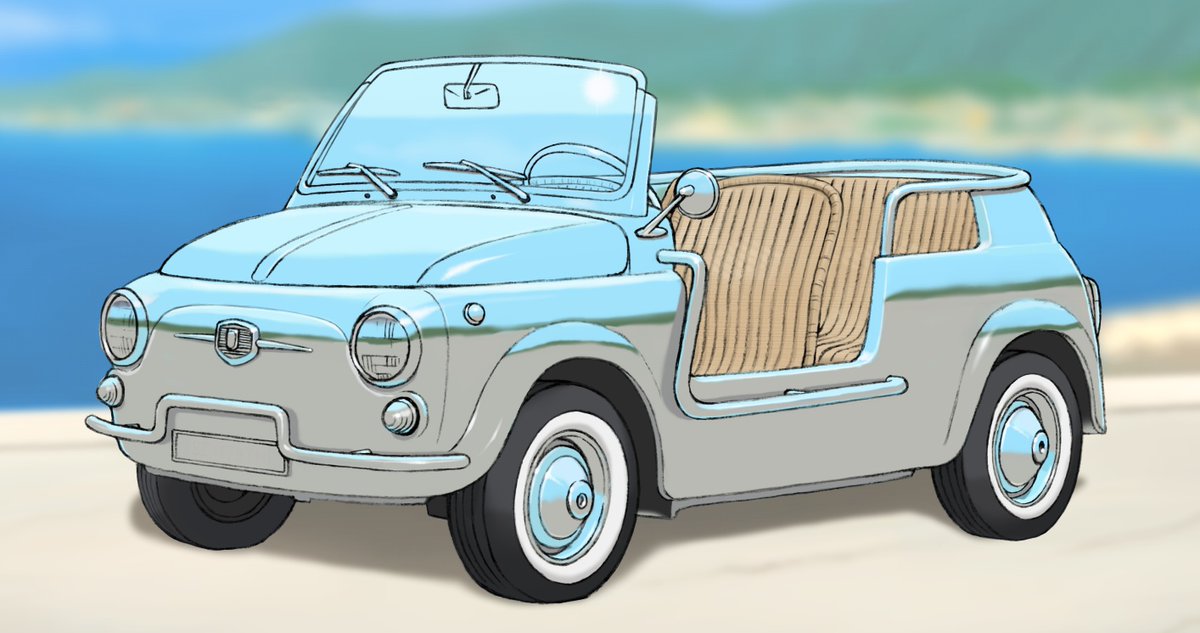 あずまsix ボディへの映り込みをどうやって描けばいいのか分からなくて それっぽい風景をボディに直接描きこむ暴挙に出てます 前回から イラスト 車