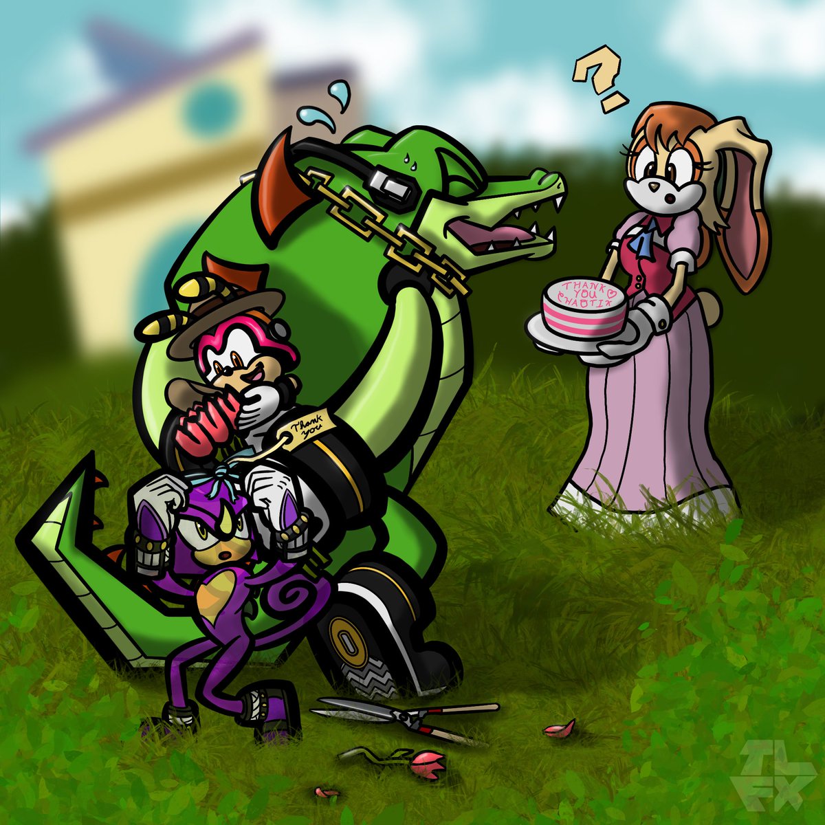 Spring Chaotix 🌷 Vanilla the Rabbit comes to deliver cake to the Detective  Agency—right as they were preparing a surprise they grew just for her!  #SonicTheHedgehog #TeamChaotix #VectorTheCrocodile #EspioTheChameleon  #CharmyBee #HedgehogArtist #Chaotix #, image size:1200x1200