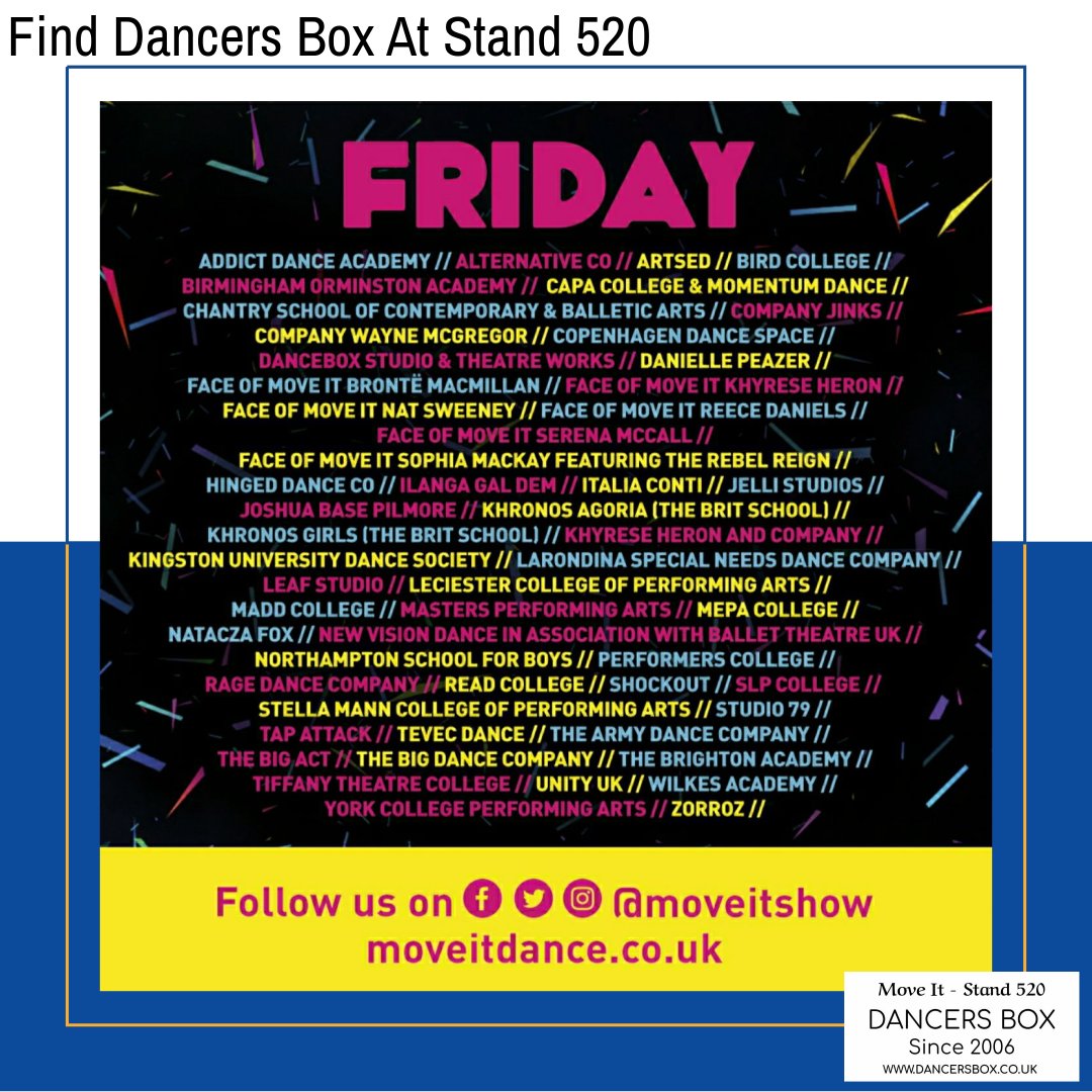 dancersboxuk's tweet photo. MOVE IT 2020 - LINE-UP FOR FRIDAY ...
Find us at Stand 520
-
***
#dancersboxuk #dbukteam #dancersboxontour #moveit #moveitlineup #lineup #moveitfriday #moveitweekend #baiwu #dincwear #acropad #infernodance #dancersboxuk #dbukteam https://t.co/OjYlAYaDlQ