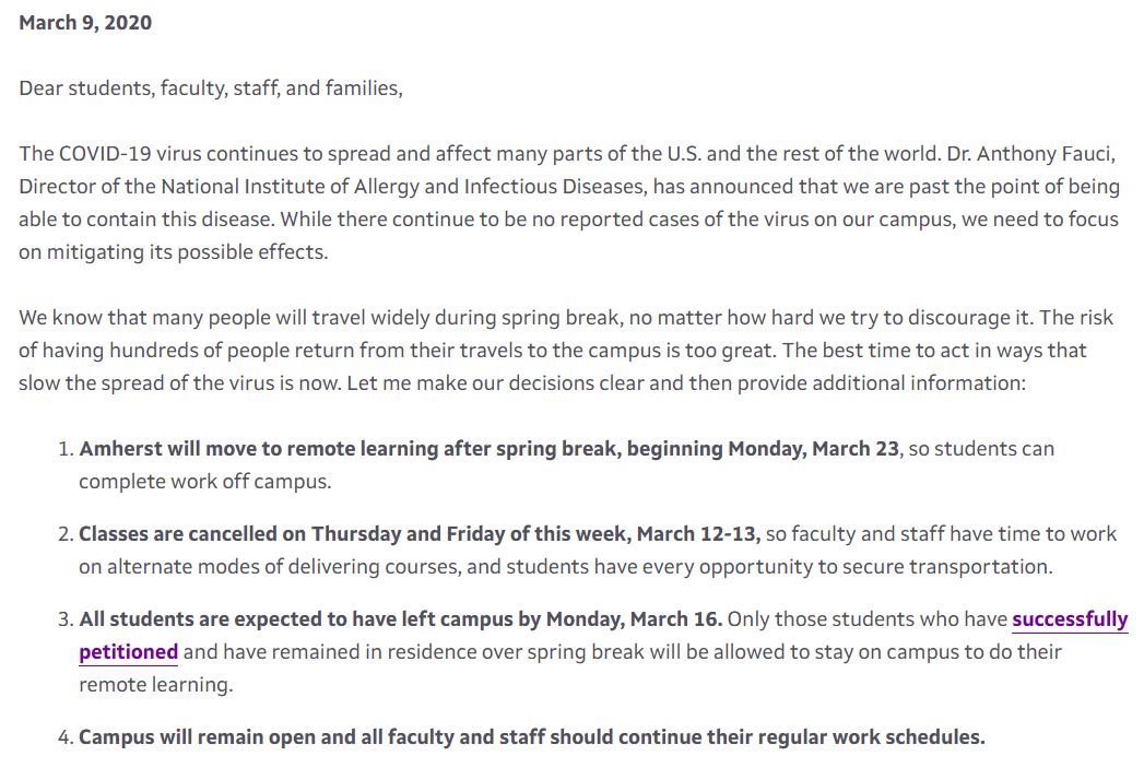 OnlyInBOS's tweet photo. Amherst College and Harvard University have announced that they are moving to remote learning for the rest of the semester and that all students are expected to leave campus by Monday due to coronavirus concerns. https://t.co/SN4FerLpG6