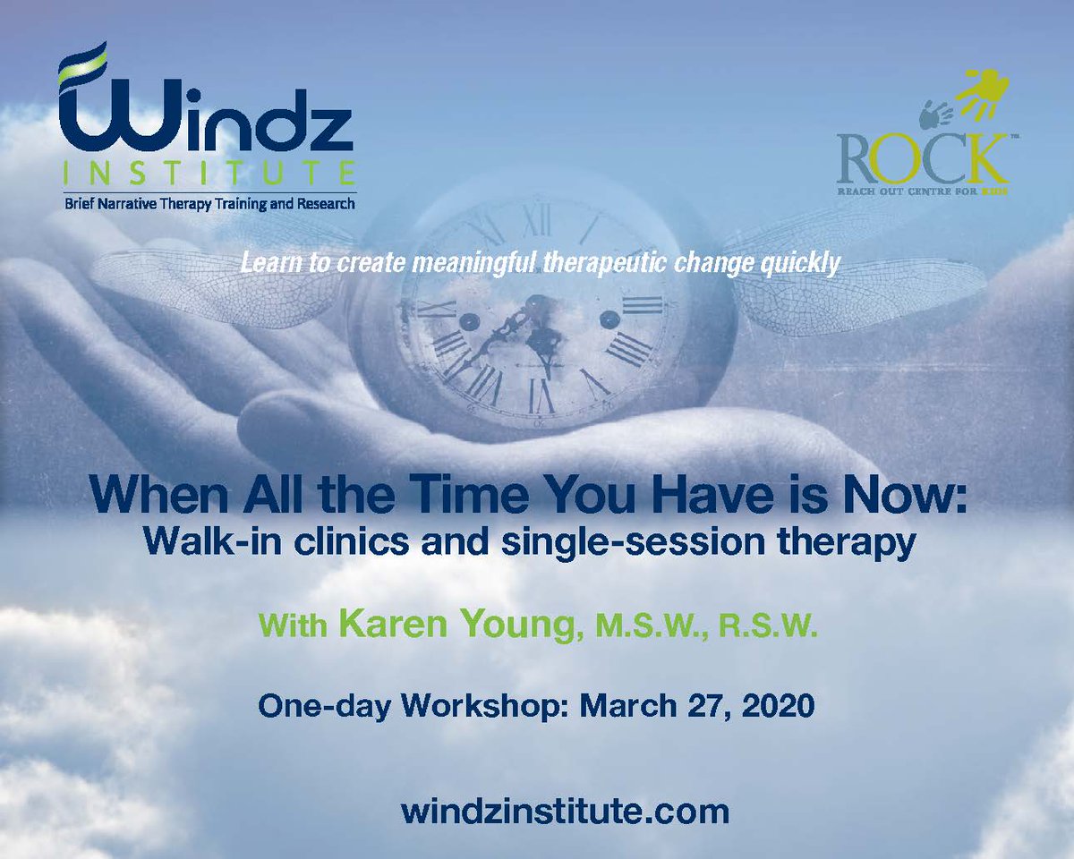 Only a few spots left for Karen’s popular workshop, When All the Time You Have is Now. Visit windzinstitute.com/workshops for more information and to sign up! #WindzInstitute #narrativetherapy #mentalhealth #marchworkshop #walkinclinics #singlesessiontherapy #karenyoung