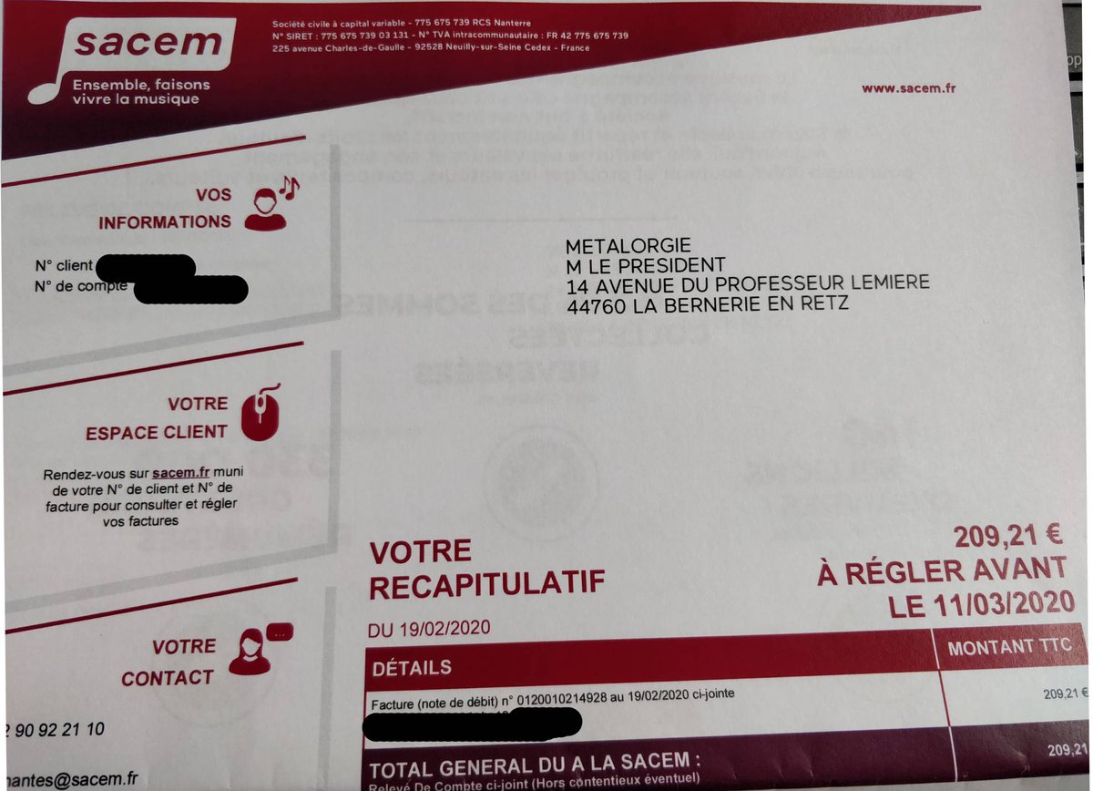 Ah la <a href="/sacem/">Sacem</a> "ensemble faisons vivre la musique" et qui demande 209€ suite à un concert où on a perdu de l'argent (déficit de ~700€), tout ça sans avoir les groupes de la soirée dans leur base de données.
Où ira cet argent ?