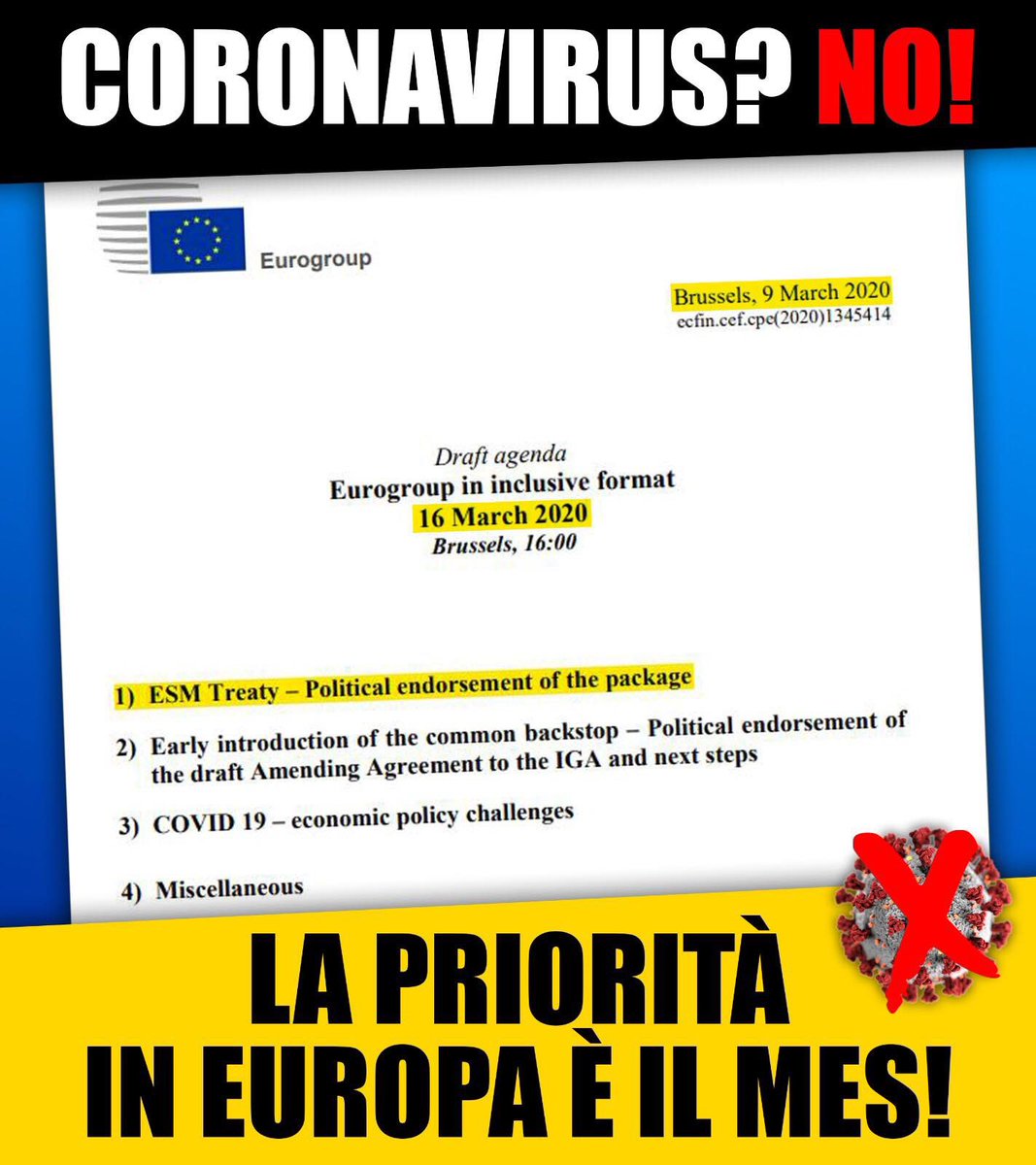 matteosalvinimi's tweet photo. ❌ Macché emergenza virus, in Europa vogliono approvare subito il MES... 
Roba da matti, fermiamoli! https://t.co/awBeYR63tH