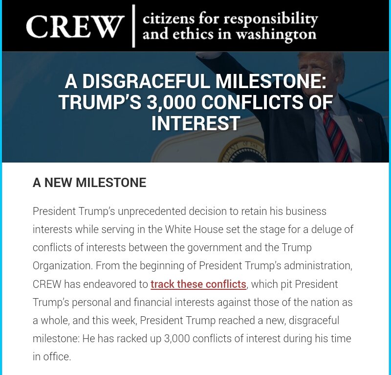  #Trump  #TrumpAdministration  #CriminalInChief  #Corruption  #LiarInChief  #TrumpCrimeFamily  https://www.citizensforethics.org/president-trump-has-3000-conflicts/