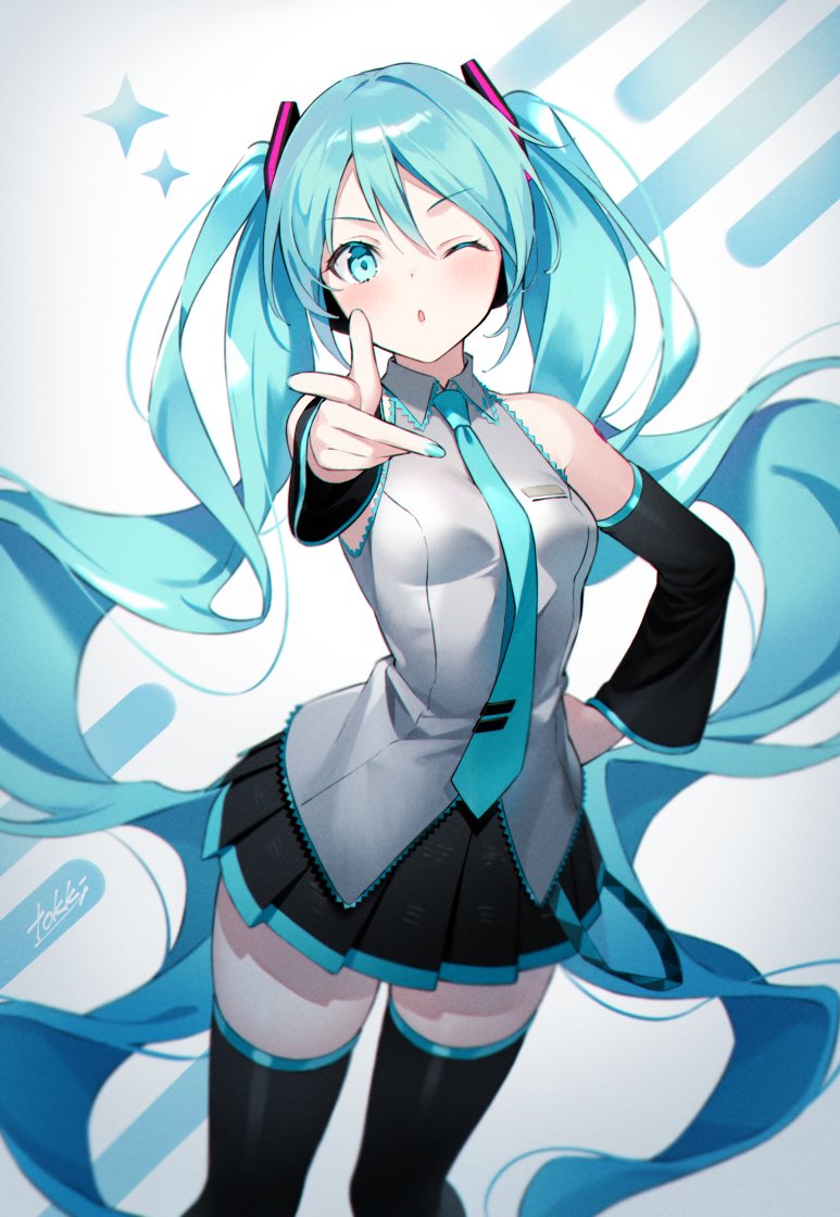 hatsune miku 1girl solo long hair one eye closed thighhighs twintails skirt  illustration images