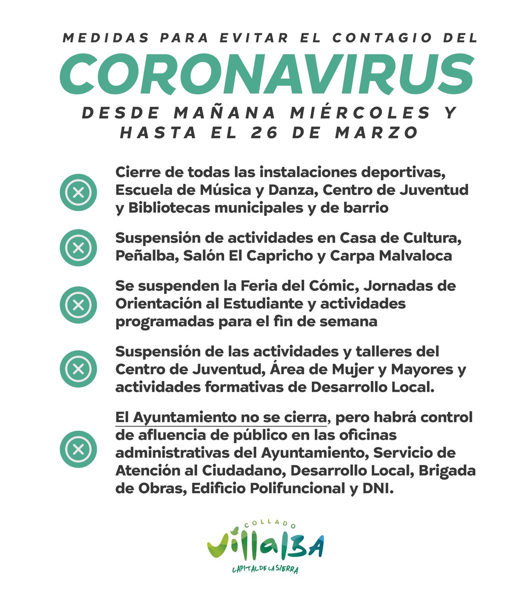 AyuntamientoCV's tweet photo. 🔴 URGENTE:

❌ Desde mañana, cierre de bibliotecas, instalaciones deportivas, Centro de juventud y Escuela de música.
❌ Suspensión de eventos, incluidos la Feria del cómic y Orientación al estudiante.
❌ Se suspenden actividades y talleres de las concejalías.

#ColladoVillalba https://t.co/CVPneyD7XG