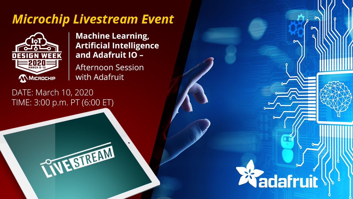 MicrochipMakes's tweet image. You can&apos;t spell Adafruit without AI! Join us today at 6pm EST/3pm PST for a special #IoTDesignWeek2020 session on artificial intelligence, machine learning and @adafruit IO.

👉 Register: bit.ly/2ICJmn0
🖥️ Tune in to livestream: bit.ly/2W2AzCr