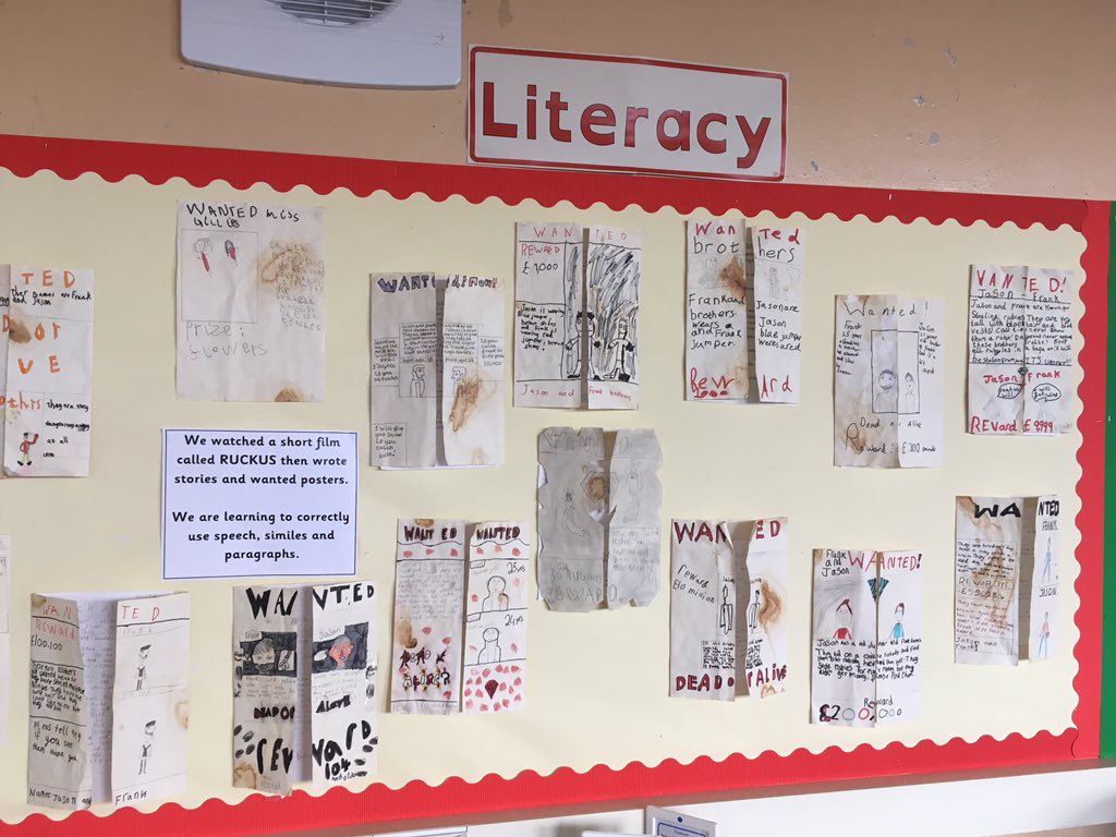 missigillies's tweet photo. Inspired by Ruckus, a short film on @LiteracyShed, P4/5 wrote stories using paragraphs, similes and speech, then hid them behind wanted posters! https://t.co/dner7xs1Na
