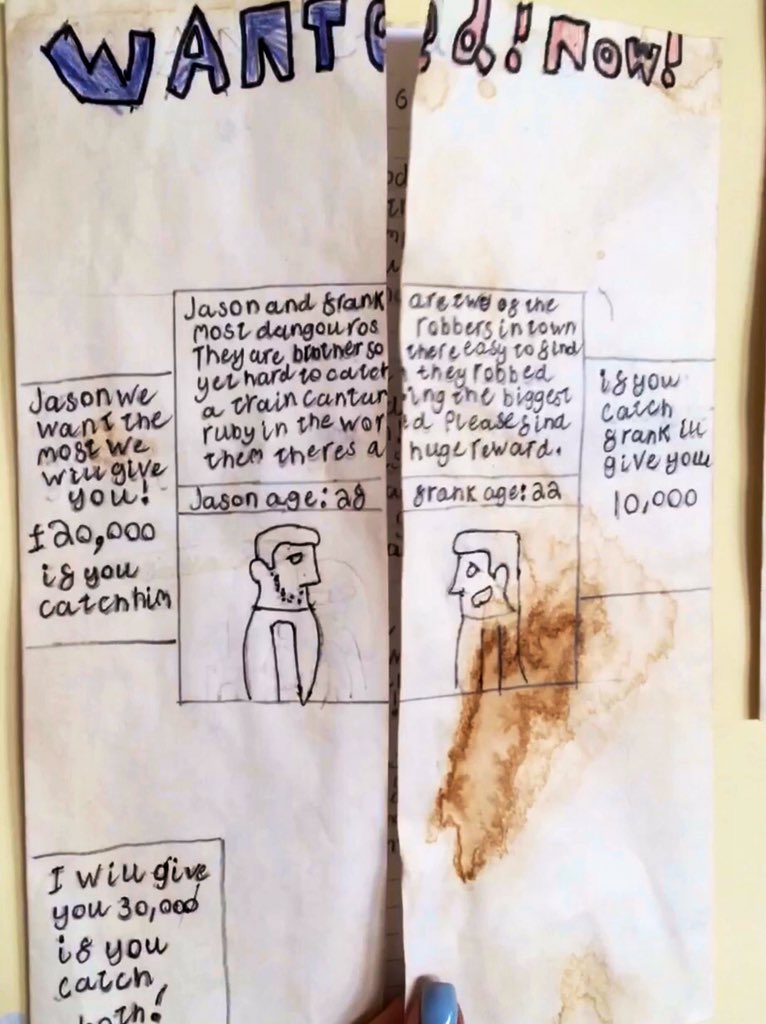 missigillies's tweet photo. Inspired by Ruckus, a short film on @LiteracyShed, P4/5 wrote stories using paragraphs, similes and speech, then hid them behind wanted posters! https://t.co/dner7xs1Na