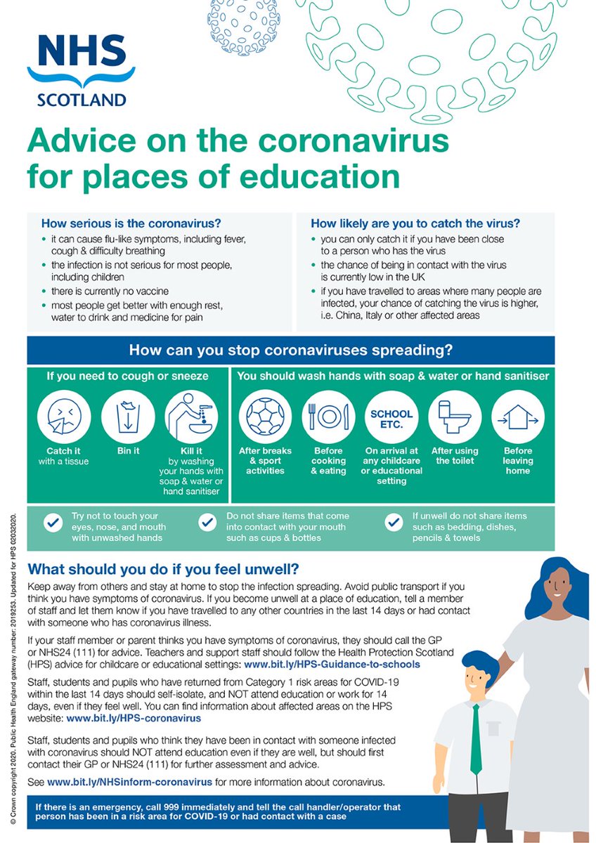 Staff, students and pupils who think they have been in contact with someone infected with coronavirus should NOT attend education even if they are well, but should first contact their GP or NHS24 (111) for further assessment and advice. See bit.ly/NHSinform-coro… Tweet 2/2