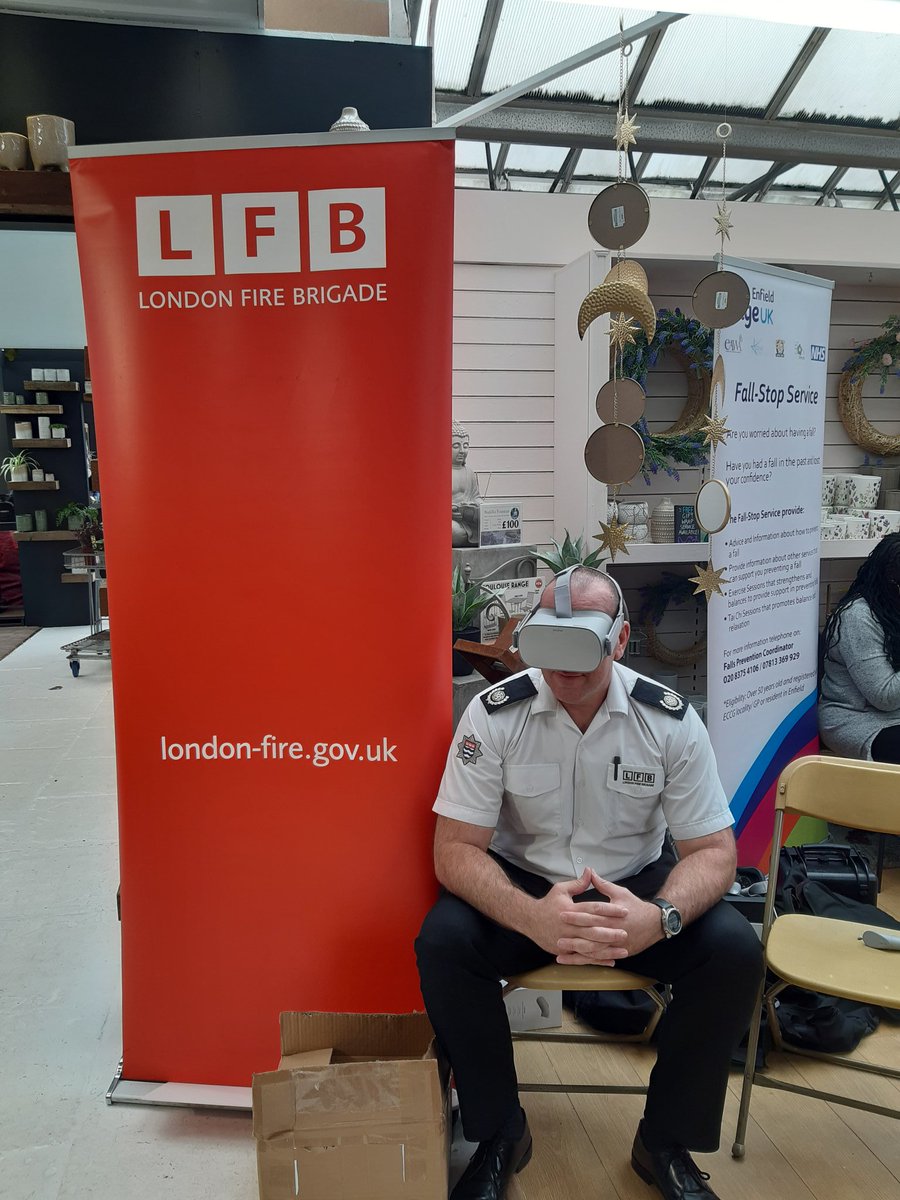LFBEnfield's tweet photo. Our #BoroughCommander attended the #OlderDrivers event today and tried out the #VirtualReality experience...Lots of useful info given to all the visitors too. #Notjustfires #Drivesafe #RoadSafety @alzheimerssoc @HealthwatchEnf @Age_UK_Enfield @age_uk @LondonFire @MetCycleCops https://t.co/2WoqPhVc9m