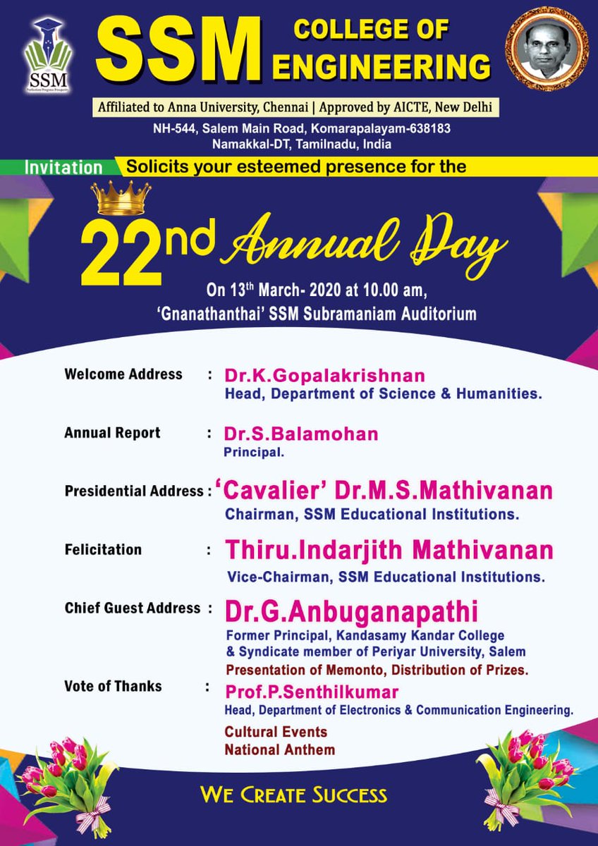EducationalSsm's tweet photo. We feel proud to invite all to our 22nd Annual Day function which is to be held on 13th March 2020 at 10 a.m ,'Gnanathanthai' SSM Subramaniam Auditorium.
#college #annualday #ssmcollegeofengineering #erode #Namakkal #salem #fun #drama #youth https://t.co/1qo0U8SiuY