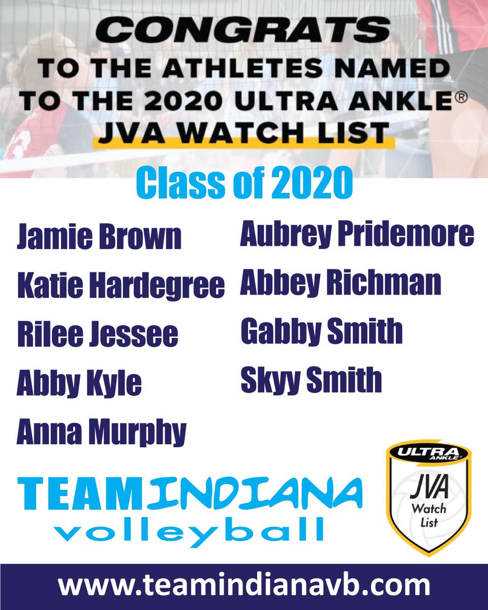 TeamIndianaVB's tweet photo. BIG ⬆️⬆️ to all of our #jvawatchlist athletes for 2020! Classes 2020-2023. Your #tination family is proud of you and we can’t wait to see what’s next! #volleyball #jvavolleyball #volleyballgirls https://t.co/m6FCwjMiX3