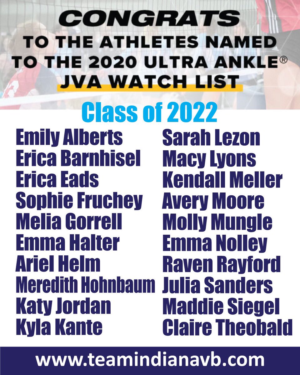 TeamIndianaVB's tweet photo. BIG ⬆️⬆️ to all of our #jvawatchlist athletes for 2020! Classes 2020-2023. Your #tination family is proud of you and we can’t wait to see what’s next! #volleyball #jvavolleyball #volleyballgirls https://t.co/m6FCwjMiX3