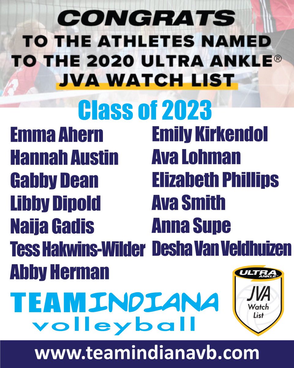 TeamIndianaVB's tweet photo. BIG ⬆️⬆️ to all of our #jvawatchlist athletes for 2020! Classes 2020-2023. Your #tination family is proud of you and we can’t wait to see what’s next! #volleyball #jvavolleyball #volleyballgirls https://t.co/m6FCwjMiX3