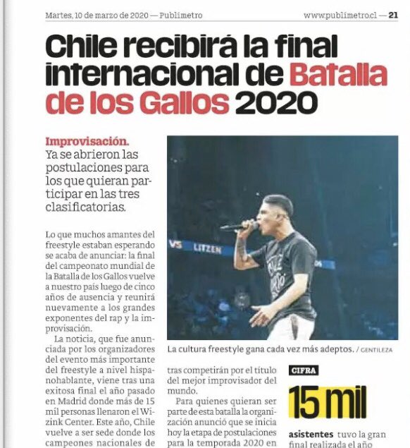 ¿Tenemos sede? 🏟️

El día de hoy, un diario de Chile saco una nota con un título bastante llamativo para nosotros, los amantes de las Batallas de Gallos.

La Final Internacional de Batalla de los Gallos 2020 se realizará en Chile 🇨🇱, luego de 5 años.

#BatallaDeLosGallos 🌎