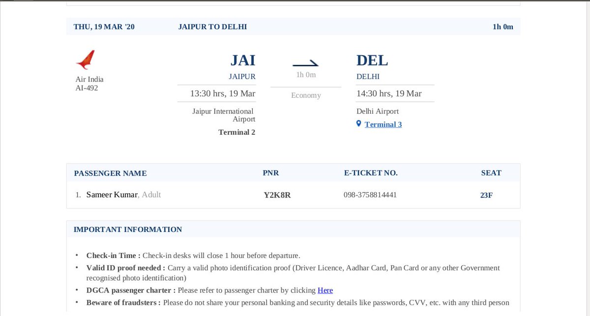 imsameerkp's tweet photo. @airindiain @del_airindia @AirIndia_assist I've a flight on 19th march from [Jaipur to Delhi], but due to the conora-virus outbreak I'm planning to skip jaipur, can this flight be changed to [Jodhpur to Delhi] on 17th march. It would be a great help #coronavirusinindia #Corona https://t.co/zPgfeoMEFY