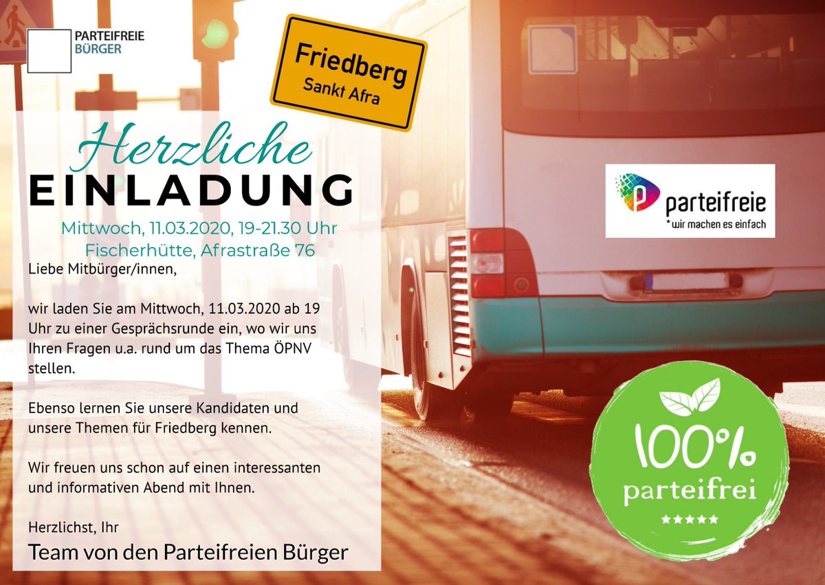 Eine ganz besondere Veranstaltung warten auf Sie: morgen in der Fischhütte!
ÖPNV wird DAS große Thema sein...
Wir erwarten Euch!
#pfbontour #100prozentparteifrei