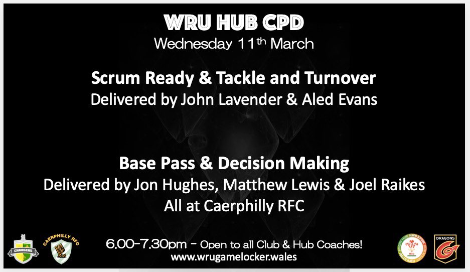 Reminder; Group CPD tomorrow at Caerphilly RFC <a href="/caerphillyrugby/">Caerphilly Rugby Football Club</a> 

All coaches will get the opportunity to see 4 different CPD sessions, sessions being run by <a href="/JLav07/">JLAV</a> @Jonhughesrugby <a href="/JoelRaikes/">Joel Raikes</a> @MatthewLewisLSP #CoachDev