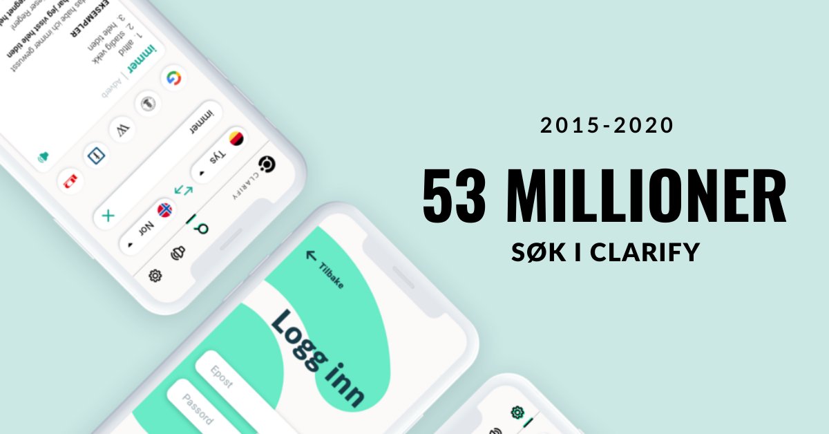 ClarifyNorge's tweet photo. Det er ganske så formidabelt å se på statistikkene for bruk av Clarify. Siden vi lanserte i 2015 har det blitt foretatt over 53 MILLIONER søk i #Clarify! Vi har månedlig rundt 80 000 aktive brukere -det er mange og gøy å se! #iktiskolen #teknologirikeklasserom #aktiveelever https://t.co/QoMtX43QPg