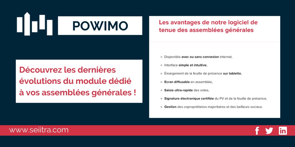 seiitraFR's tweet photo. 📚 L’assemblée générale est une étape à minima annuelle, obligatoire et importante au sein des syndicats de #copropriété.
📍Le module de #Powimo permet de faciliter l’ensemble des dispositifs à tenir. https://t.co/dgMPQIUMA5
#syndics #gerance #logiciel #proptech https://t.co/NVIqG43jsJ
