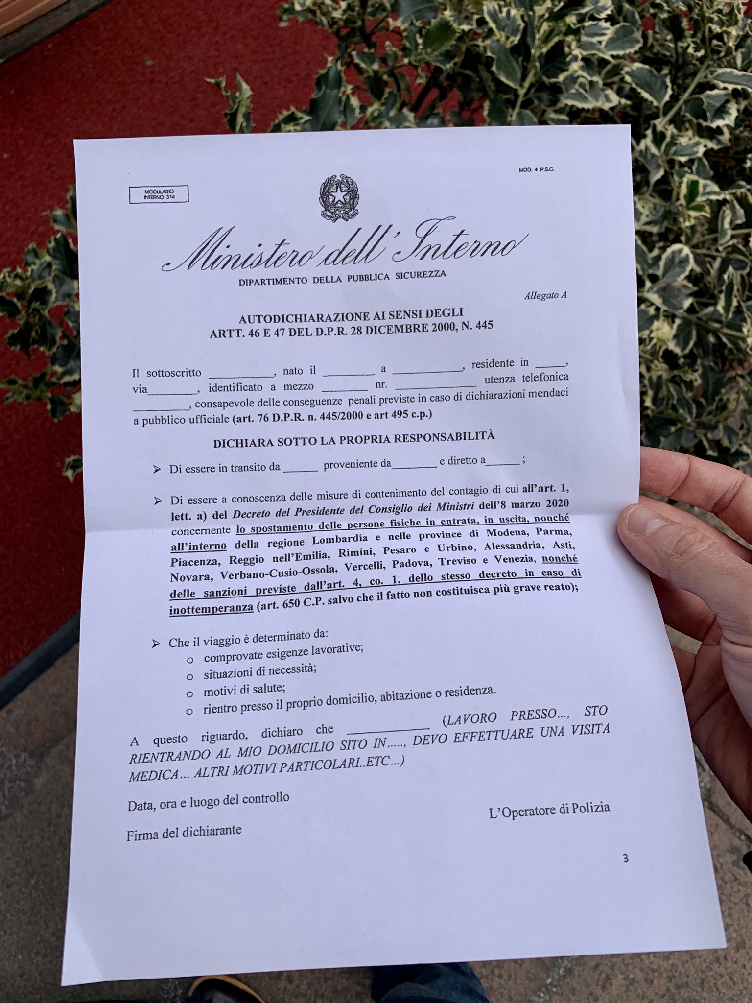 Mark Lowen Filling Out One Of These This Morning To Drive From The North Of Italy Back To Rome Special Permission To Travel Granted To Those Returning Home Or
