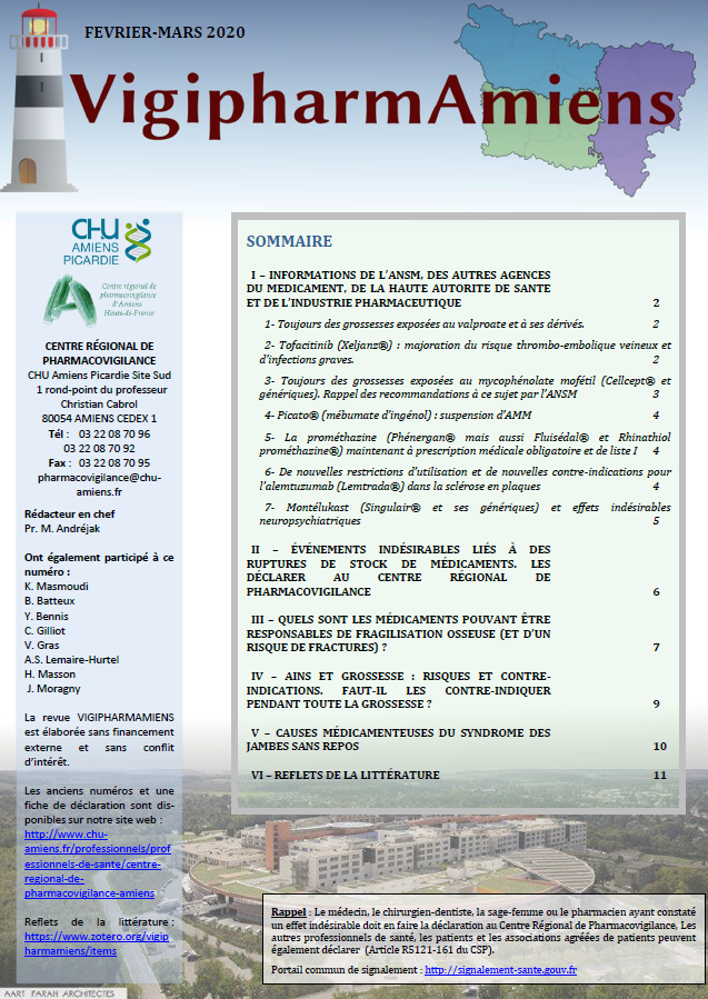 CRPV_Lille's tweet photo. Parution du nouveau Vigipharm de nos collègues du #CRPV d'Amiens.
Au programme : syndrome des jambes sans repos, ruptures de stock #CIRUPT, fracture et médicaments, #grossesse et #AINS ...
Bonne lecture ! https://t.co/PRoZAHjnPV