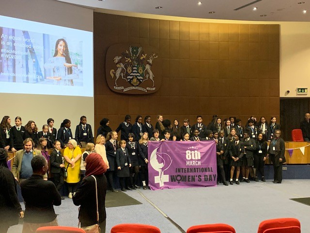 PrendergastSch1's tweet photo. On Friday 6th March members of the School Council celebrated International Women’s Day at Lewisham Town Hall.  Celebrating with other Lewisham students, @vickyfoxcroft, @JanetDaby, Mayoress of Lewisham and MC Angel! A great day! @LSFederation @LewishamLearn @damienegan https://t.co/DfQ7nFKXAS