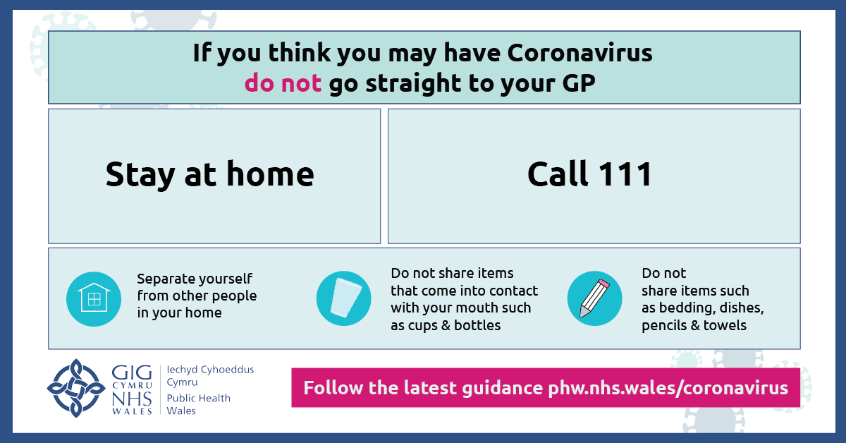 PublicHealthW's tweet photo. If you think you may have Novel Coronavirus, you should remain in your home and call 111 Wales. Do not visit your GP. Do not use public transport or taxis. Follow the latest guidance https://t.co/ekVuYFNRDo https://t.co/xJTmSdFfoc