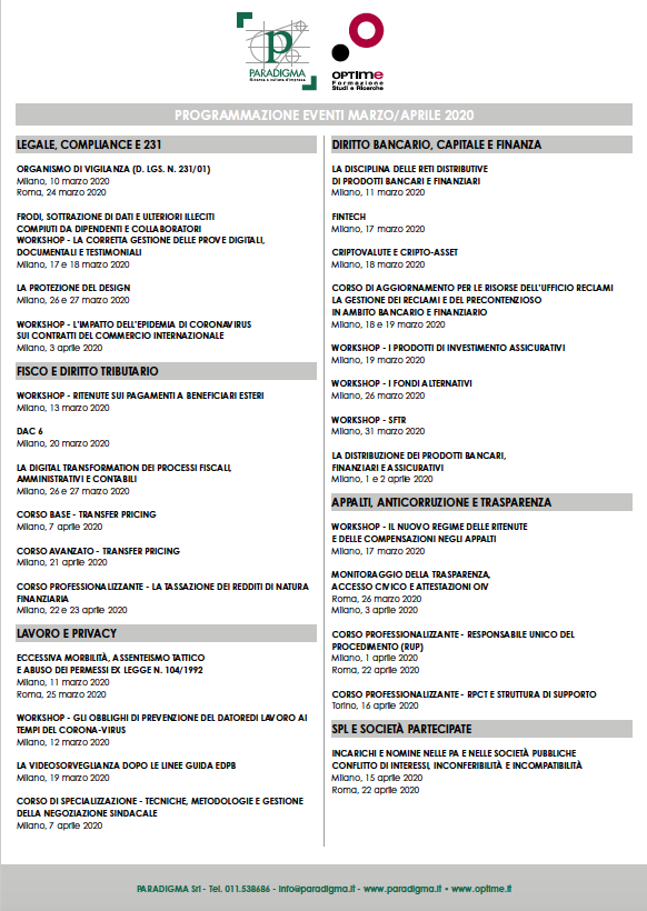 Per fornire un aiuto alle aziende nostre clienti consentendo il prosieguo della necessaria attività di formazione delle risorse, abbiamo attivato la possibilità di seguire tutti i nostri eventi Paradigma e Optime di marzo e aprile in videoconferenza. paradigma.it/iniziative-in-…