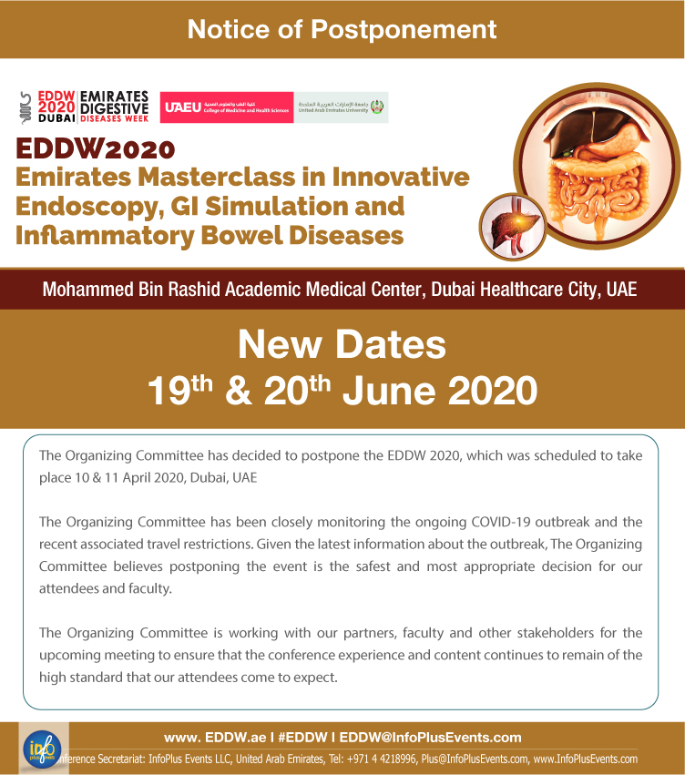 EDDW_UAE's tweet photo. EDDW 2020 New Dates: 19 to 20 June 2020

Due to the ongoing COVID-19 outbreak and the recent associated travel restrictions, the Org. Committee has decided to postpone the #EDDW2020 until 19 to 20 June 2020 in Dubai, UAE

For updates, visit: https://t.co/CnUTF73T30
#IBD #IPEvents https://t.co/2oxt9exBf1
