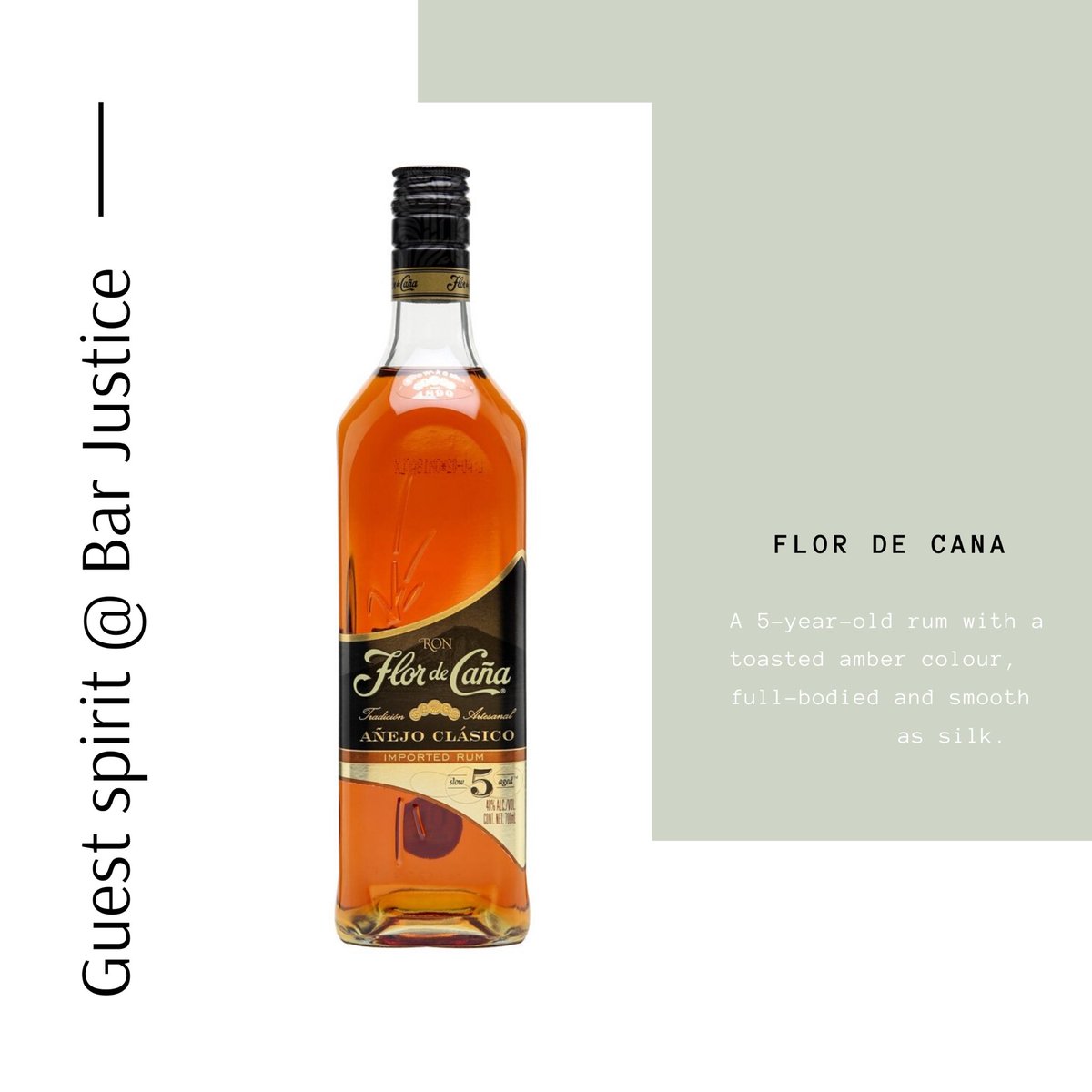 BarJustice's tweet photo. This weeks guest spirit...

A 5-year-old rum with a toasted amber colour, full-bodied and smooth as silk.

A simple serve over ice, on its own, or try it in our new cocktail Koko 47 instead of spiced rum.

#guestspirit #flordecana #simpleserve #barjustice #supportlocal https://t.co/NXDxNEiNbm