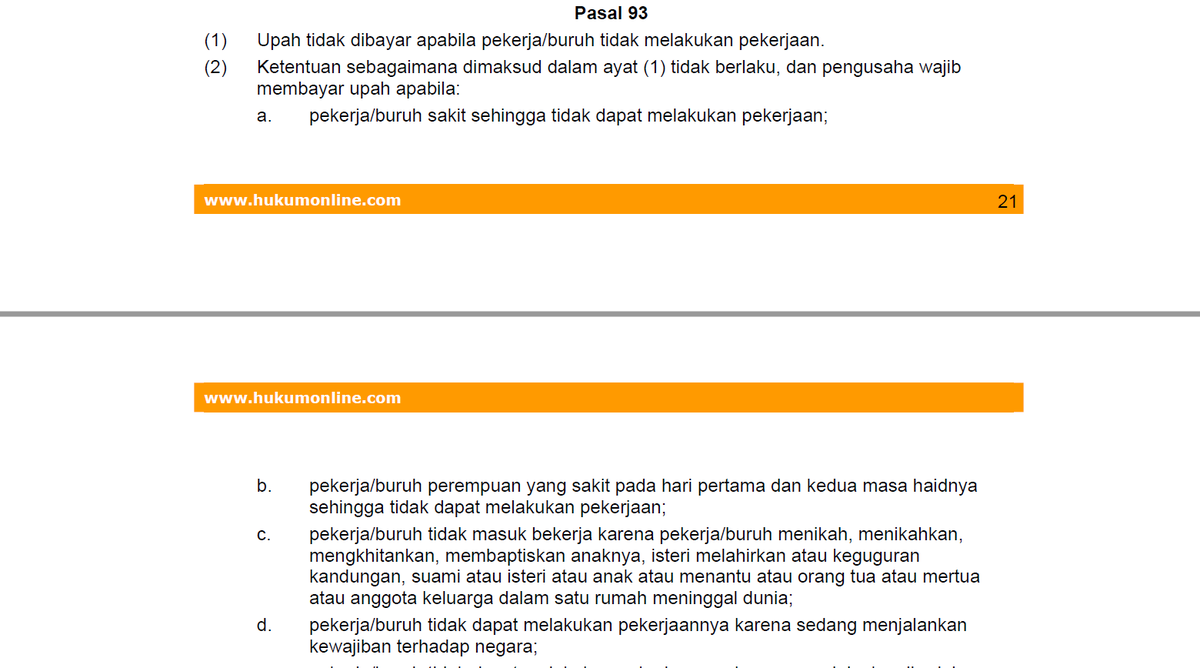 RanggaWidigda's tweet photo. 1. Sakit dipotong gaji

Ini gw cukup sering nemuin perusahaan yang motong gaji karyawannya meski pun ada surat sakit. Alesannya bisa macem-macem kaya "mengganggu produktivitas perusahaan" dll 

Padahal kalo di Pasal 93 ayat (2) huruf a UU 13/2003, pekerja yang sakit wajib dibayar https://t.co/SdUV3rOfnE