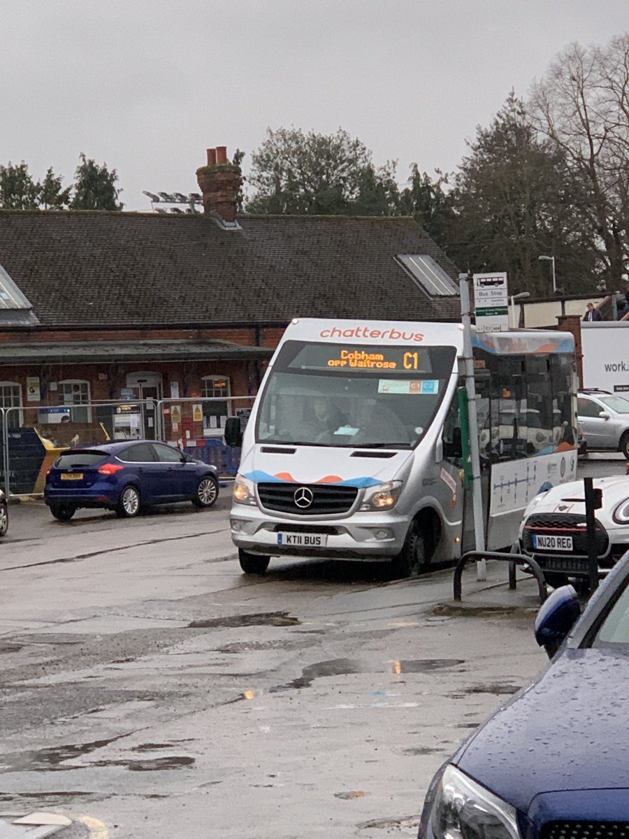 LewistoryMary's tweet photo. It was wet and windy for #Cobham commuters last night, so the #Chatterbus was a welcome sight for the station/town link. Board of Directors met later yesterday evening to discuss the many aspects of funding, operations and marketing which keep @CobChatterbus on the road. https://t.co/uIqaHbVAT8