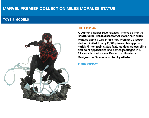 Marvel Premier Collection Miles Morales Statue, other-dimensional spider-hero Miles Morales spins a web in this new Premier Collection statue. Out this week at your Local Comic Shop.
